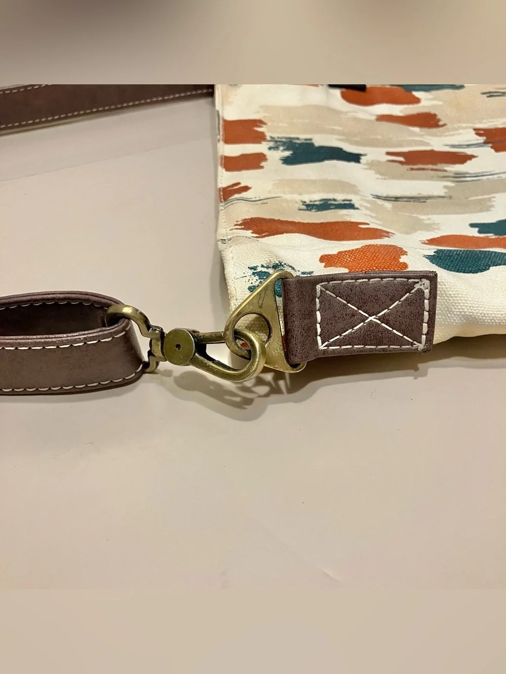 Maika Large Crossbody Purse Boho Bag Abstract Design‎ Vegan Brown Leather Strap